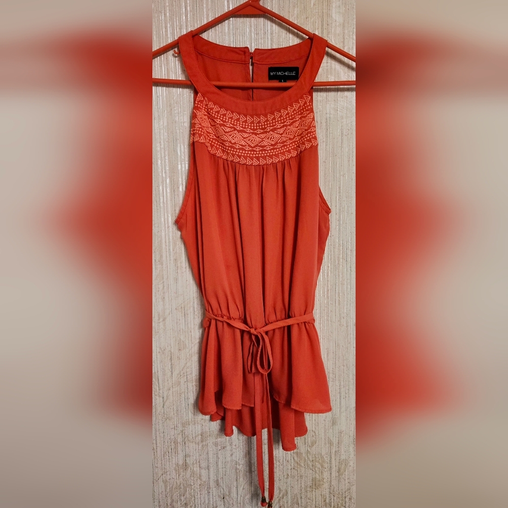 My Michelle Vibrant Coral Blouse with Lace Accents